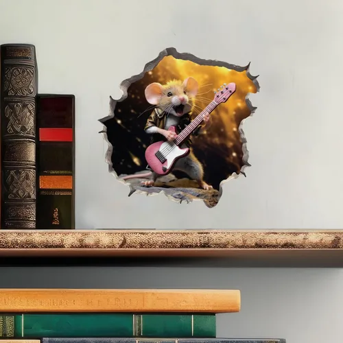 Miniatura 2 de Rock and Roll Mouse in Mouse Hole - Calcomanía de pared 3D con agujero de ratón