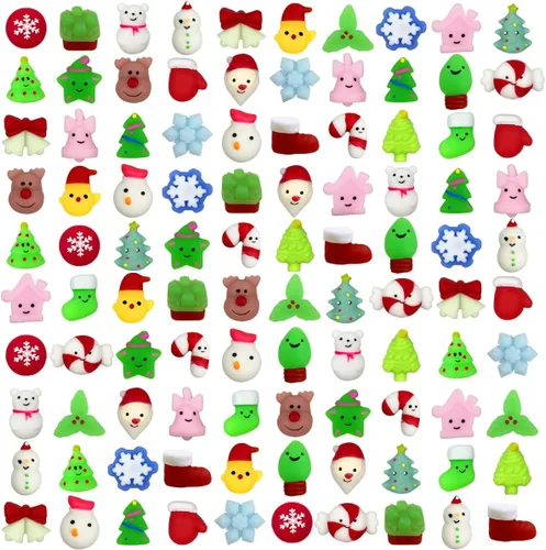 Anditoy 100 piezas de juguetes esponjosos de Navidad Mochi Squishy de Navidad, juguetes esponjosos de Navidad para niños, niñas, niños pequeños,