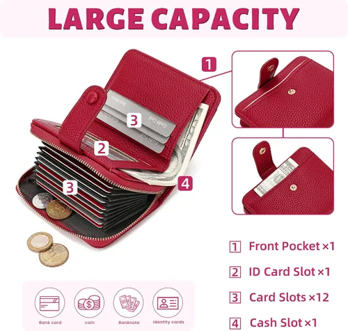Miniatura 3 de veniee Cartera de tarjetas para mujer con tarjetero y organizador de tarjetas de crédito, Rojo -, Cartera con tarjetero