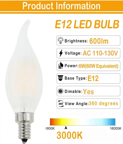 Miniatura 2 de Bombilla de candelabro E12 esmerilada de 60 vatios regulable, con forma de punta doblada de llama, bombillas LED de araña de luz blanca suave 3000k
