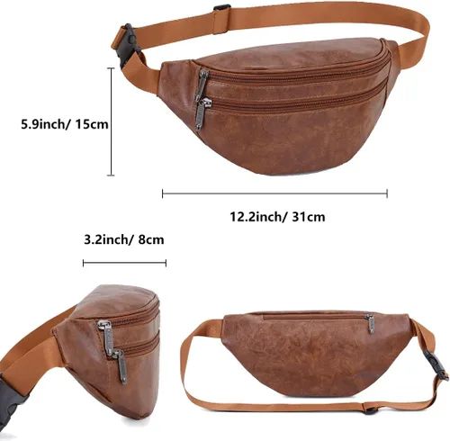 Miniatura 3 de Ausion Riñonera de cuero para hombres y mujeres, cangurera para senderismo, correr, viajes, múltiples bolsillos - Riñonera con cremalleras Marrón