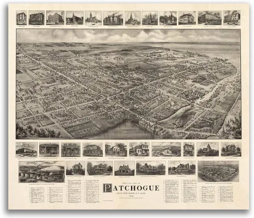 Magnet 1905 Patchogue New York Vintage Old Panoramic NY City Map - Lámina magnética de vinilo para taquillas, coches, carteles, refrigerador de 5