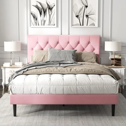 Miniatura 13 de HAOARA Armazón de Cama de Plataforma Tamaño Completo con Cabecera Tapizada con Botones Capitoné, Base de Colchón con Soporte de Listones de Madera