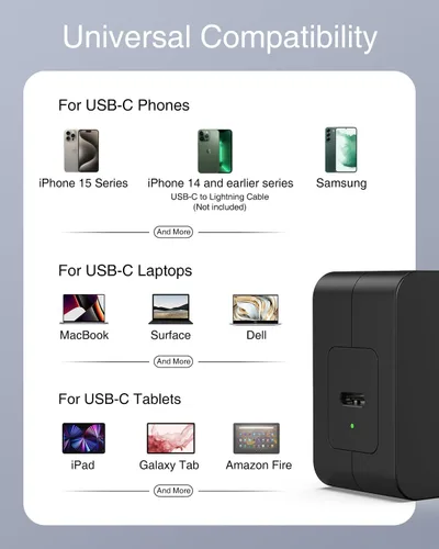 Miniatura 5 de Cargador USB C de 60 W de carga rápida, Nekteck GaN Tech PD 3.0 de carga rápida con enchufe plegable, compatible con MacBook Air/Pro, iPhone