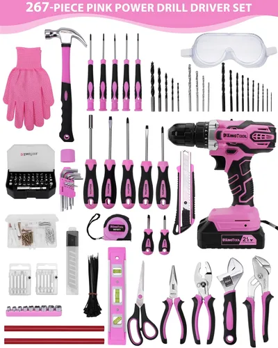 Miniatura 2 de KingTool - Juego de herramientas de 267 piezas - Juego de herramientas rosa con taladro inalámbrico de 21 V, juego de herramientas para mujeres