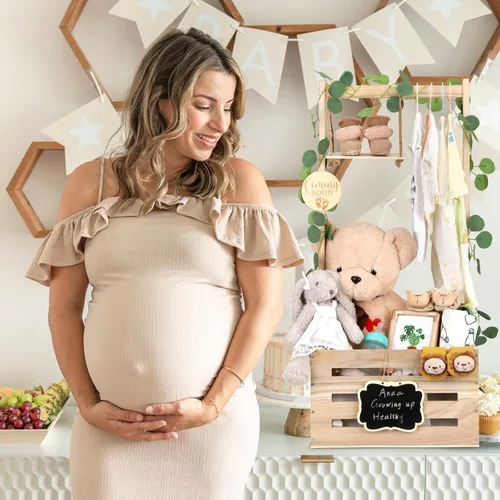Miniatura 7 de Armario de madera para baby shower con asa ajustable y guirnalda, cesta grande personalizada para baby shower, caja de almacenamiento, regalos