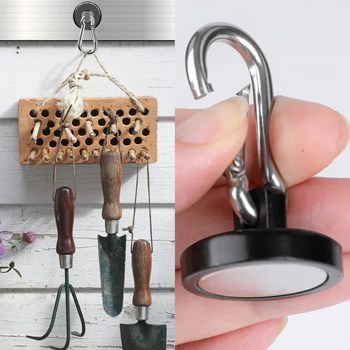Miniatura 5 de MIKEDE Paquete de 6 ganchos magnéticos fuertes, ganchos magnéticos de neodimio de 70 libras de fuerza de tracción con mosquetón giratorio para Negro