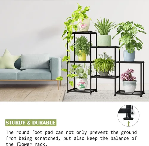 Miniatura 6 de Soportes para plantas de interior, estante de metal escalonado de exterior para múltiples plantas, soporte de 3 niveles para 7 macetas, soporte