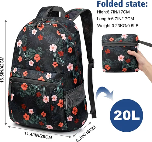 Miniatura 2 de G4Free Mochila Ligera Plegable de 20L para Viajes y Senderismo, Mochila de Día Plegable para Hombres y Mujeres B-flower Negro