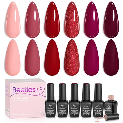 Beetles - Esmalte de uñas de gel rojo, 6 colores, colección Marvelous Lady, esmalte de uñas con purpurina burdeos, nude, rojo brillante, diseño de