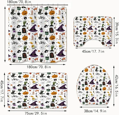 Miniatura 5 de Juego de 4 cortinas de ducha de Halloween, espeluznante cortina de ducha de gato negro con calabaza para decoración de baño de Halloween