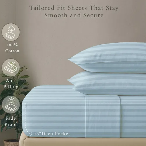 Miniatura 5 de Threadmill Juego de ropa de cama de algodón de lujo de 500 hilos tamaño Queen de 4 piezas, sábanas suaves y sedosas con bolsillo profundo elástico