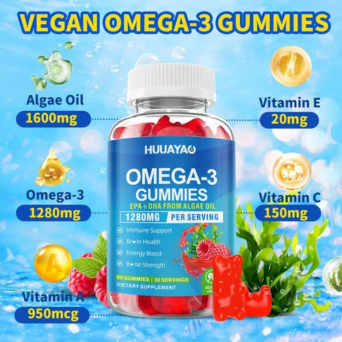 Miniatura 4 de Gomitas veganas Omega-3 de 1280 mg, alternativa de aceite de pescado Omega 3 para adultos con EPA 400 mg y DHA 600 mg y vitamina A, C, E apoya