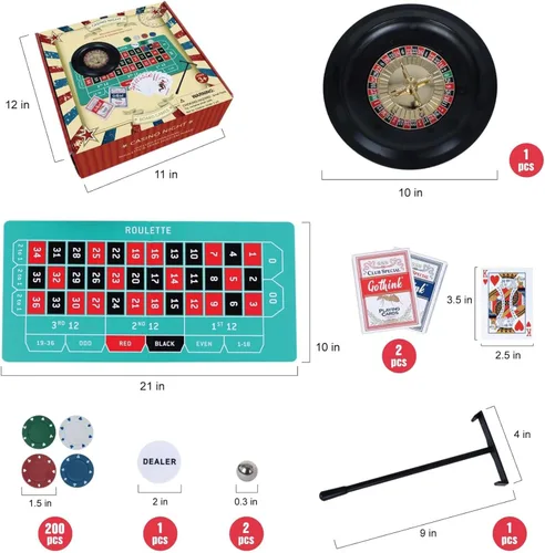 Miniatura 2 de GOTHINK Juego de Ruleta, incluye rueda de apuestas de 10 pulgadas, 200 fichas, rastrillo, 2 bolas y póker Texas Hold'em, perfecto para fiestas