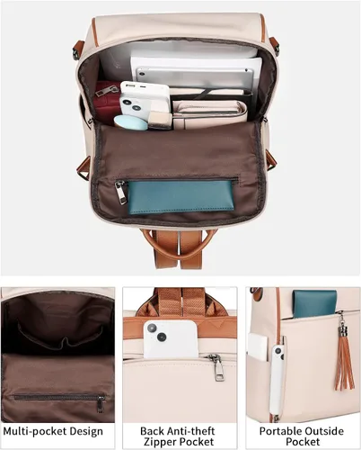 Miniatura 3 de FADEON Mochila de cuero para mujer, diseño de mujer, bolsa de hombro de moda, mochila de viaje convertible de PU, E Beige Con Marrón, Medium