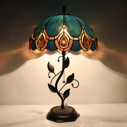 Miniatura 4 de Lámpara de mesa Tiffany, lámpara de escritorio estilo vidrio manchado, 12X12X19 Pulgadas, luz de lectura de mesita, base de hoja de metal