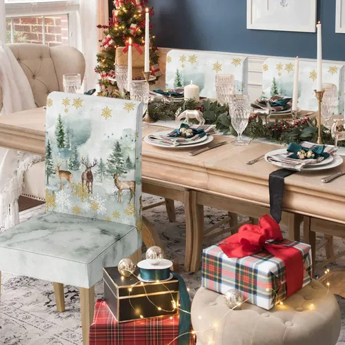 Miniatura 2 de Horaldaily 4 fundas navideñas para sillas de comedor, con tinta y ciervos lavados, elásticas, extraíbles y lavables, protector de silla