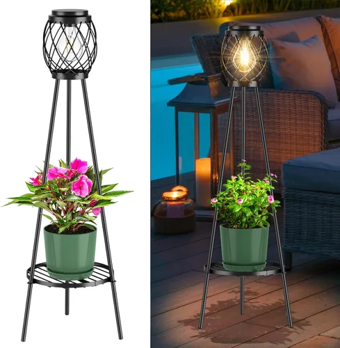 Miniatura 9 de MXwcy Lámpara de pie solar con soportes para plantas, luces solares para exteriores con bombillas LED Edison vintage, luces de jardín resistentes a