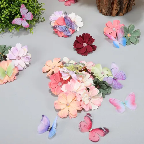 Miniatura 4 de HOMSFOU Juego de flores de mariposa, cabezas florales sintéticas, apliques de mariposa de seda de doble capa para bodas, manualidades, decoración