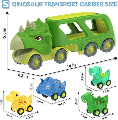 Miniatura 2 de Juguetes de dinosaurio para niños de 2 a 4 años, camión transportador de automóvil de dinosaurio con 4 autos de dinosaurio de tracción hacia atrás