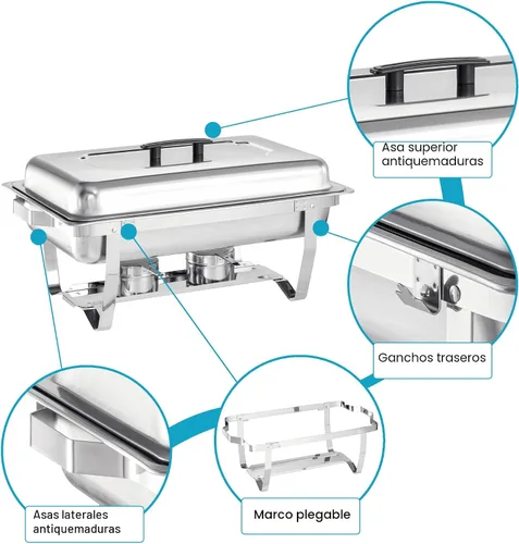 Miniatura 5 de Juego de Bandejas Calentadoras (Chafing Dish) para Buffet de 4 Piezas, Bandeja de Comida Rectangular Plegable de Acero Inoxidable de 8 Cuartos