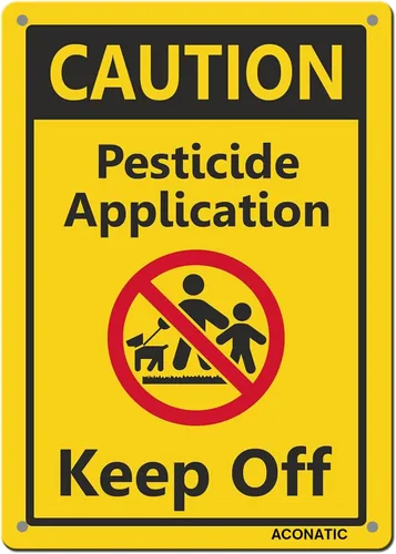 Señal de advertencia de aluminio, precaución con "aplicación de pesticidas", 8 x 12 pulgadas, amarillo, estilo minimalista Hierba06