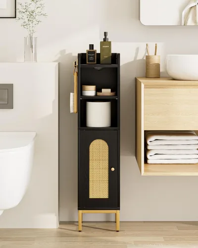 Miniatura 6 de Gabinete de Almacenamiento para Baño, Pequeño Mueble de Esquina de Piso con 2 Ganchos, Gabinete Estrecho para Papel Higiénico con Puerta de Ratán