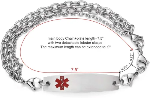 Miniatura 2 de mnmhope pulsera de alerta médica con grabado para hombre y mujer, de acero inoxidable, cadena intercambiable ajustable de 7.5 a 9pulgadas