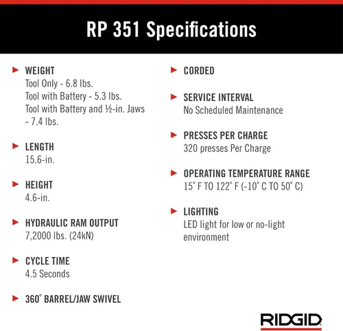 Miniatura 7 de RIDGID 67193 Modelo RP 351 Kit de herramienta de prensa ProPress estándar con cable con herramienta de prensa ProPress con cable, mandíbulas