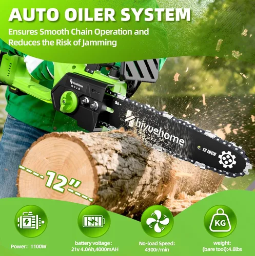 Miniatura 2 de Motosierra eléctrica de 12 pulgadas, motosierra inalámbrica con engrasador automático, sierra de cadena eléctrica de mano con bloqueo de seguridad