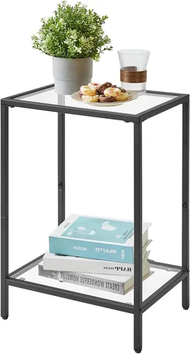 YMYNY UHGD002B Mesa auxiliar de vidrio templado, mesa auxiliar de 2 niveles con estantes de almacenamiento, mesita de noche estrecha, para espacio