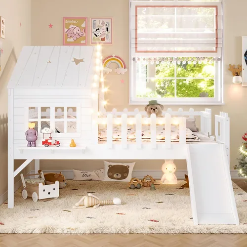 Miniatura 23 de Marco de cama de tamaño matrimonial para niños con escaleras, bonito techo y ventana en forma de estrella para niños y niñas, cama de plataforma