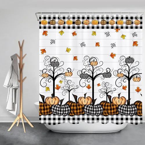 Miniatura 4 de GOOESING Cortinas de ducha de calabaza a cuadros otoñales, calabazas de otoño, hojas de arce, cortina de baño impermeable para baño, juego