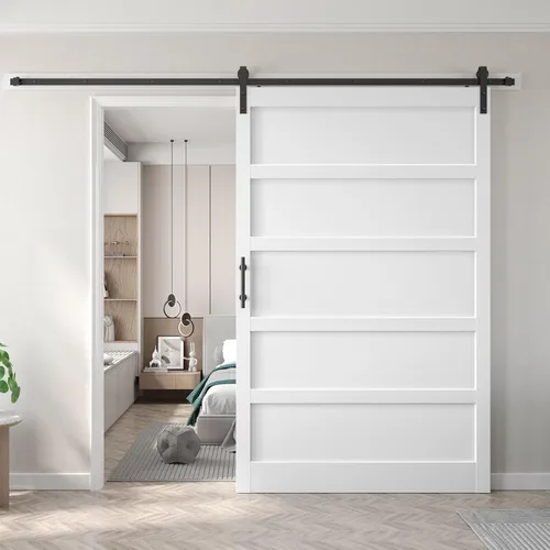 Miniatura 22 de Fredbeck Puerta de granero blanca de 30 x 84 pulgadas con kit de herrajes para puerta corredera de 5.5 pies incluido y asa, sólida, MDF, superficie