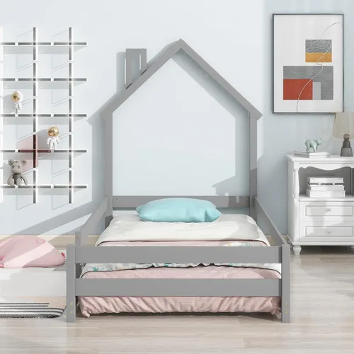 Miniatura 3 de Cama de suelo de tamaño individual con cabecera en forma de casa, cama individual de madera para niños con rieles, cama de piso individual