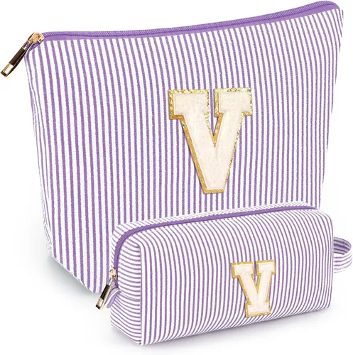 Miniatura 26 de 2 piezas de bolsas de maquillaje iniciales para mujeres: bolsa de cosméticos para viaje y artículos de tocador - Regalos de cumpleaños para niñas
