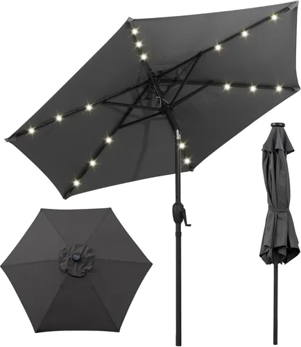 Miniatura 23 de Tangkula Sombrilla solar de patio de 10 pies, sombrilla de mercado de mesa al aire libre con 24 luces LED, ajuste de inclinación, mango de manivela