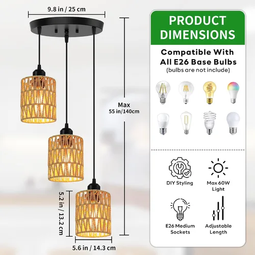 Miniatura 3 de Lámpara Colgante de Ratán de 3 Luces, Lámpara Colgante Bohemia de Granja con Pantallas de Mimbre Tejidas a Mano para Comedor, Isla de Cocina