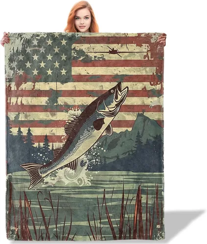 Manta de pesca con bandera estadounidense para mujeres, niñas y niños, manta de franela suave, regalos para sala de estar, sofá, hogar, decoración