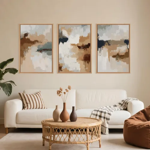 Miniatura 2 de LHIUEM Gran Arte de Pared de Lienzo Abstracto Marrón Gris Enmarcado, Decoración de Pared en Toques de Pincel Pastel, Pintura de Pared Moderna