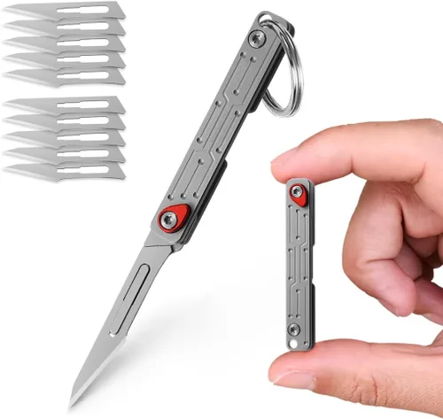 Cuchillo pequeño para llavero, mini cuchillos de bolsillo plegables con 10 cuchillas quirúrgicas reemplazables, bisturíes, lindo cortador de caja