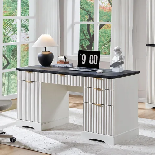 JXQTLINGMU Escritorio ejecutivo moderno de 58 pulgadas con almacenamiento, escritorio de madera para oficina en casa con 5 cajones y 1 gabinete,