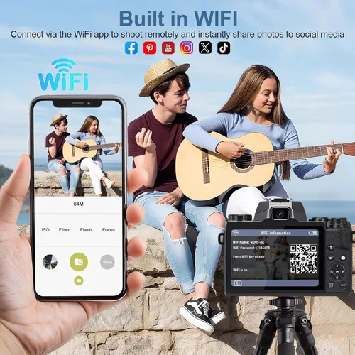 Miniatura 4 de Cámaras digitales 8K para fotografía, cámara WiFi de 64 MP para YouTube, cámara digital con pantalla táctil de 4 pulgadas con lente dual, enfoque