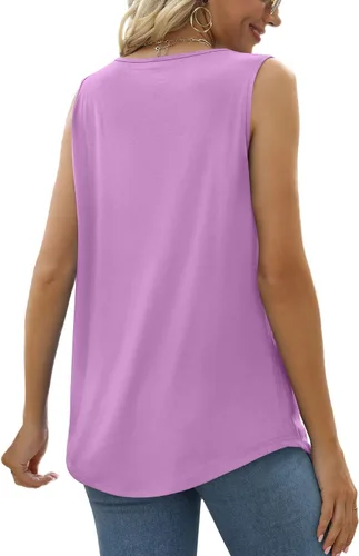 Miniatura 8 de Saloogoe - Camisetas sin mangas veraniegas para mujeres, plisadas con cuello cuadrado y dobladillo curvado, blusas de ajuste holgado con movimiento
