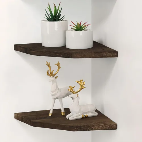 Joiishom Juego de 2 estantes de esquina de madera maciza para pared, estantes flotantes de esquina de madera maciza para pared, estante esquinero