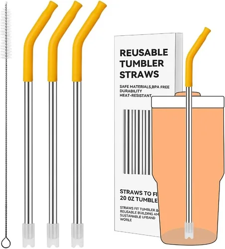 Miniatura 24 de Pajitas de metal rectas para vaso Stanley de 40 onzas, paquete de 3 popotes reutilizables de acero inoxidable con puntas de silicona y cepillo Gris