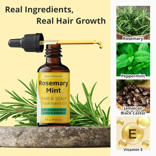 Miniatura 8 de Seven Minerals, Aceite de romero para el crecimiento del cabello, infundido con aceite de ricino negro jamaicano, vitamina E, menta y aceites