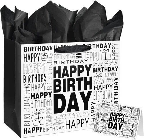 Laidans Bolsa grande de regalo de cumpleaños en blanco y negro de 13 pulgadas con papel de seda y tarjeta para hombres y mujeres, cumpleaños (grande)