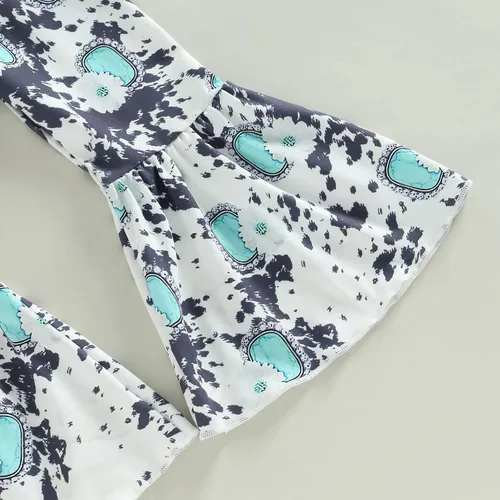 Miniatura 83 de fhutpw Conjunto de camiseta de manga corta con estampado de vaca y pantalones acampanados de dibujos animados para niñas