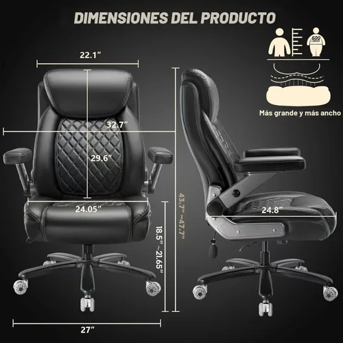 Miniatura 3 de Silla de oficina grande de servicio pesado de 600 libras con brazos abatibles 5D, cómoda silla de escritorio ejecutiva grande y alta con cojín